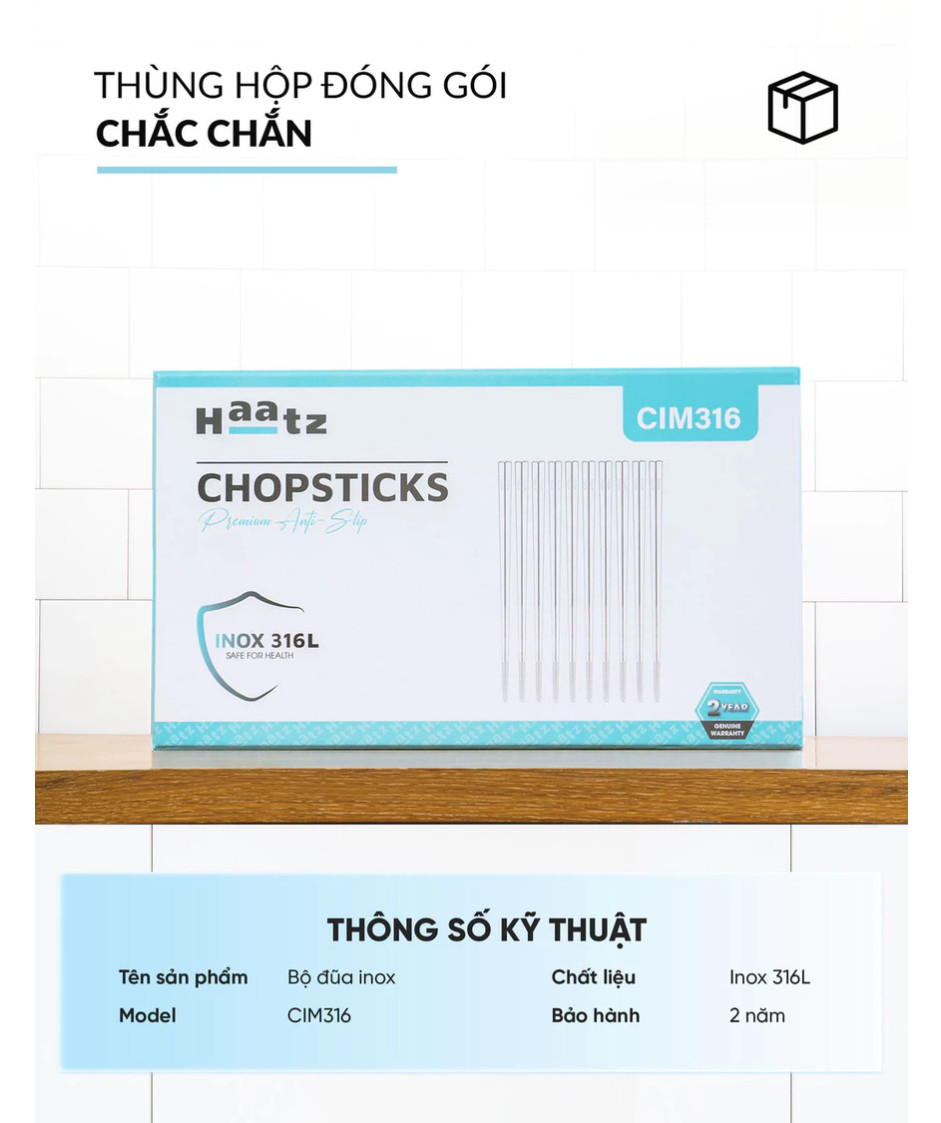 Bộ Đũa inox 10 Đôi Haatz CIM316 - Đũa inox 316L Siêu Bền, An Toàn Cho Sức Khoẻ, Bảo Hành 24 Tháng