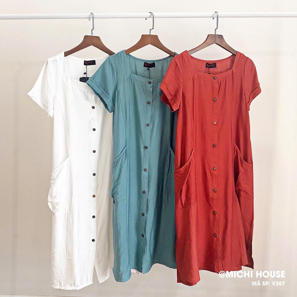 Váy suông đũi bamboo cổ vuông, đầm dáng suông đủ size, váy xuất Nhật, mã VS287 - Michi House