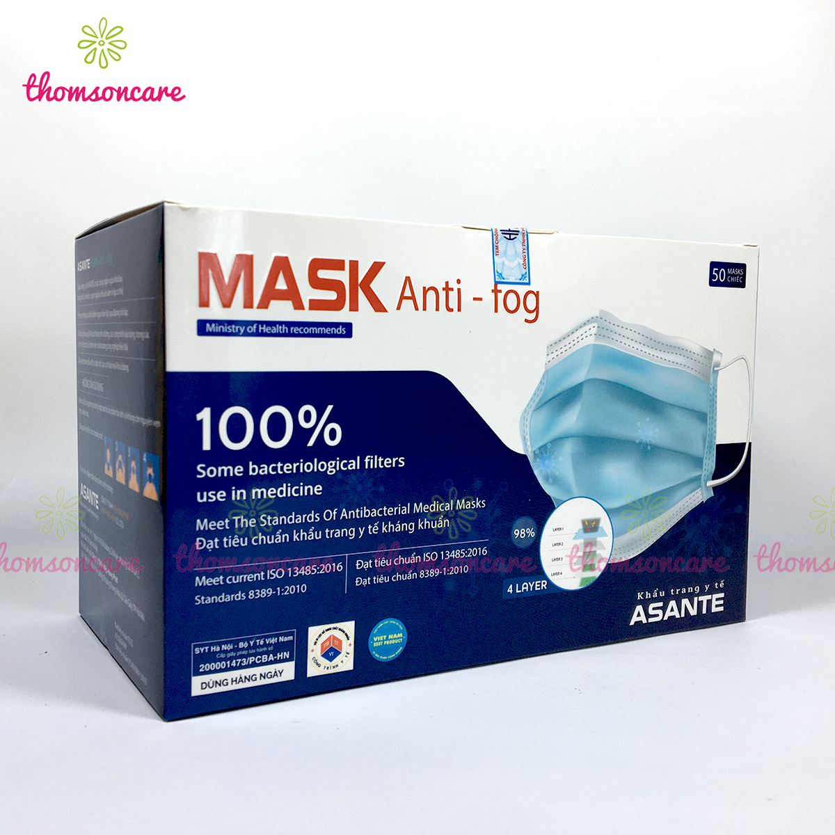 Hộp khẩu trang y tế 4 lớp Asante kháng khuẩn 50 cái màu Trắng lọc bụi, vi khuẩn Chống Ô Nhiễm