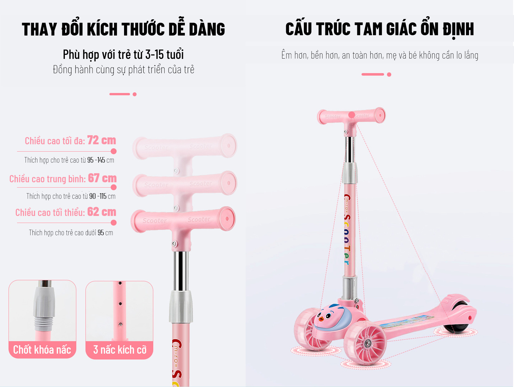 Xe Trượt Scooter Cho Bé - Có Đèn Led Phát Sáng - Phát Nhạc - Dành Cho Trẻ Em Từ 3 - 15 Tuổi, chất liệu nhựa PP thân thiện môi trường, gọn nhẹ, dễ dang mang theo