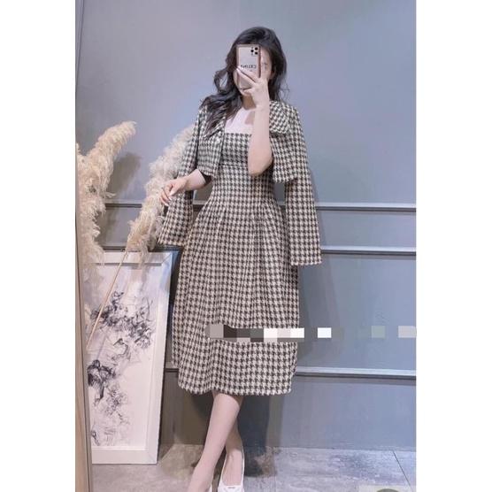 Bộ Váy Dạ Kèm Áo Khoác Croptop Caro, Set Váy Dạ Kèm Khoác Blazer Họa Tiết Caro / Size S-M / Cáo Hồng Shop