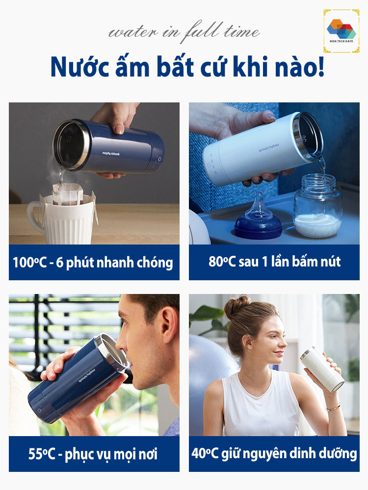 Bình đun sôi giữ nhiệt morphy richards phiên bản MR6060 cầm tay du lịch, nhỏ gọn, 4 mức nhiệt pha trà, cafe, sữa và nước sôi mọi nơi, hàng chính hãng