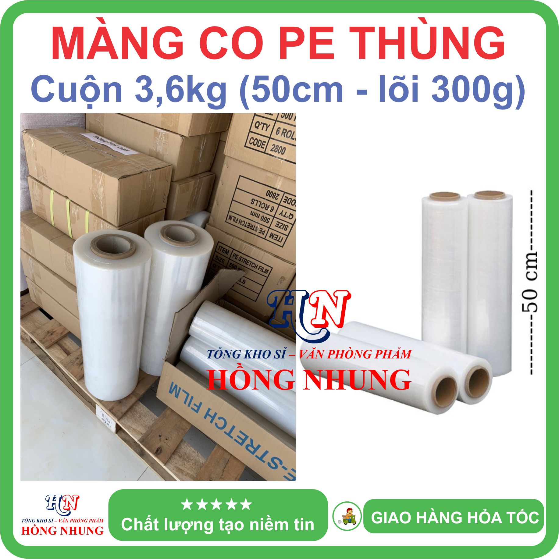 [SALE] Màng PE, màng co, màng chít 3,6kg khổ rộng 50cm, lõi 300g - Chất liệu nilon dai, bóng đẹp, chắc chắn, cho bạn an tâm đóng hàng