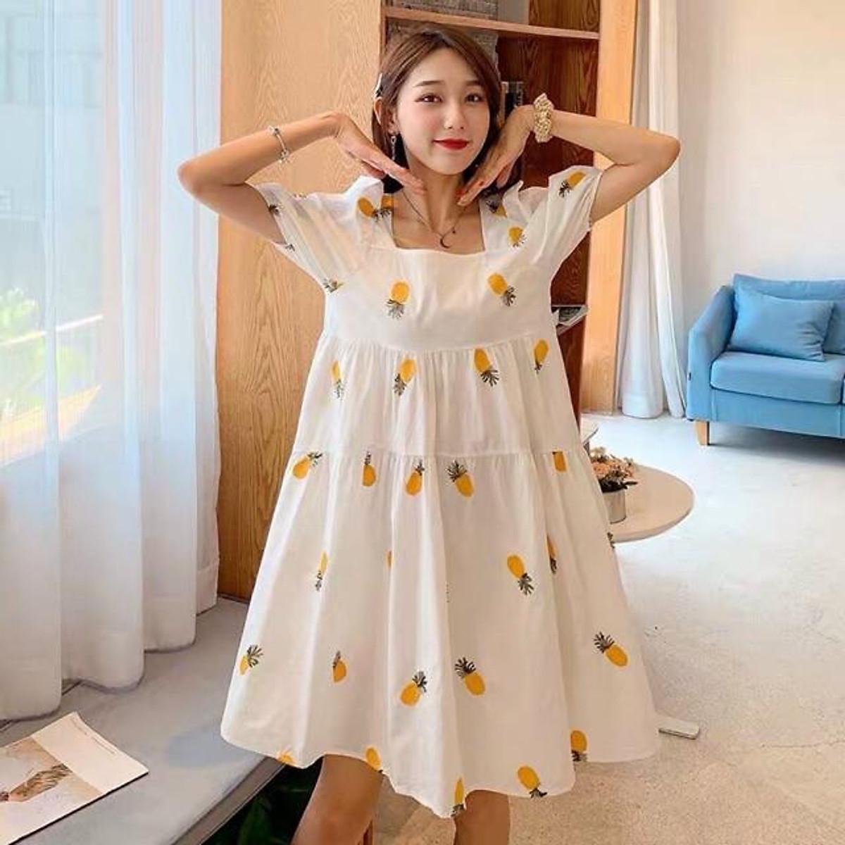 Đầm suông babydoll hoạ tiết trái cây dễ thương - Hoa vàng
