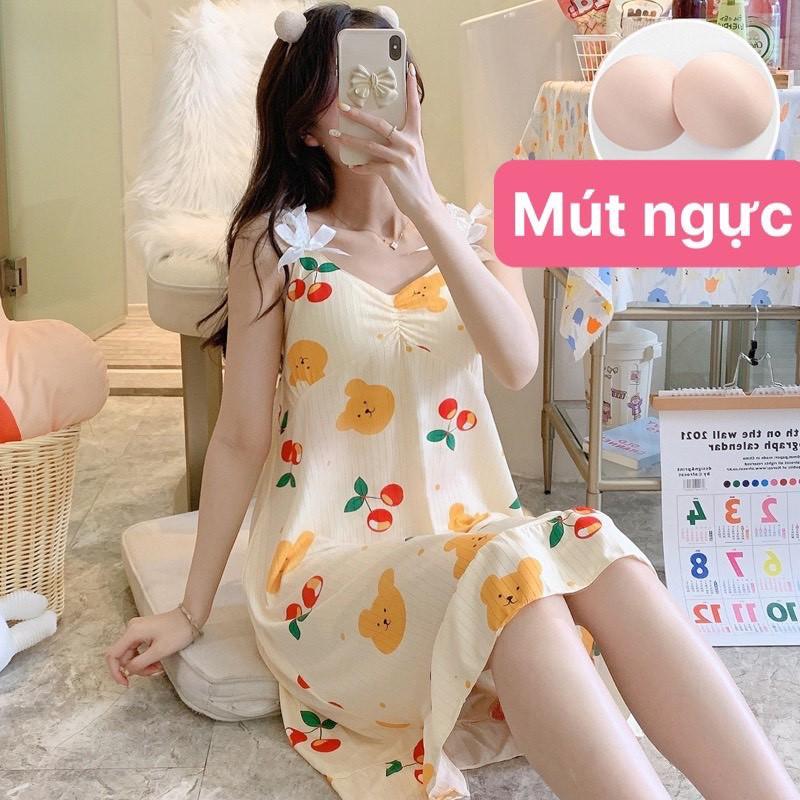 Váy Ngủ Nữ 2 dây quai ren đính nơ dáng suông họa tiết xinh xắn_ Đầm ngủ 2 dây chất thun sữa có mút ngực V292