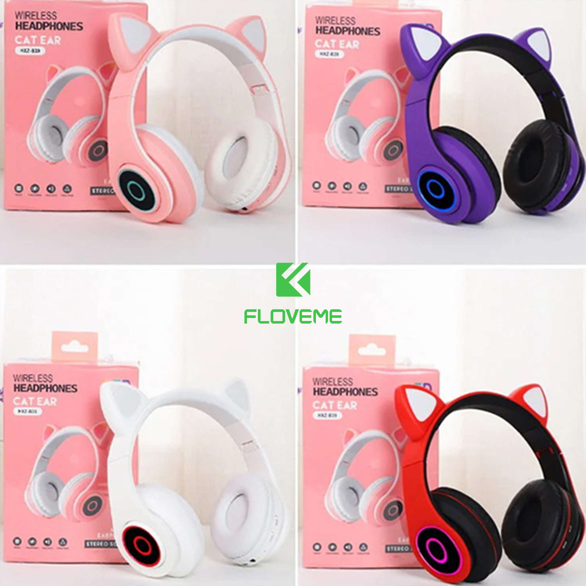 Tai nghe Mèo Bluetooth FLOVEME B39 đáng yêu có mic đàm thoại cao cấp, có đèn phát sáng cute tai nghe thời trang - Hàng chính hãng