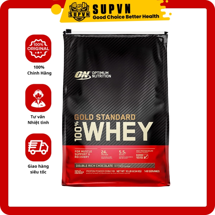Gold Standard 100 Whey On 10Lbs 4.54Kg - Sữa Bổ Sung Protein Hỗ Trợ Tăng Cơ Optimum Nutrition - Double Rich Chocolate