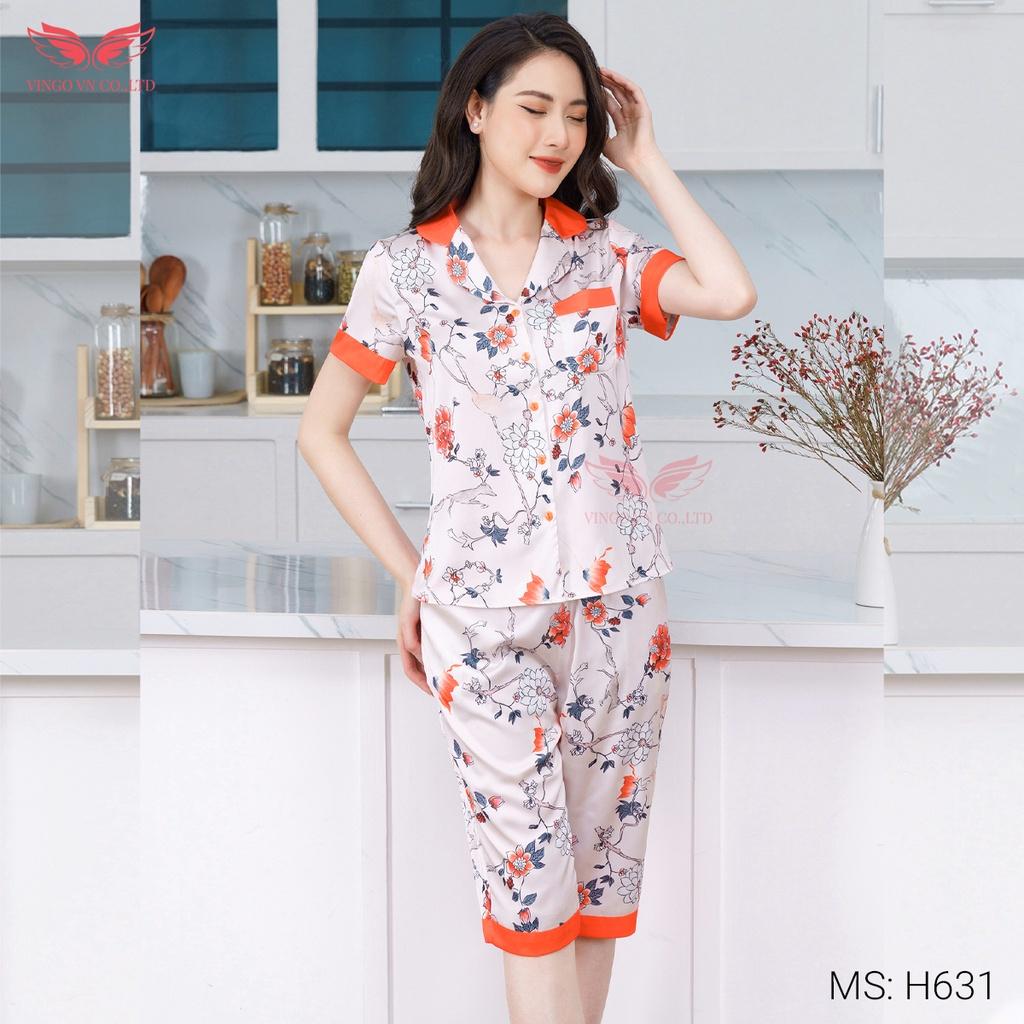 Đồ bộ nữ pijama lụa Pháp mềm mát mặc nhà mùa Hè VINGO tay cộc quần lửng họa tiết hoa màu cam thanh lịch H631 VNGO