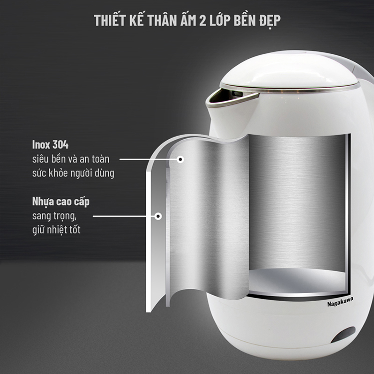 Ấm Đun Siêu Tốc 2 Lớp Nagakawa NAG0314 - Hàng Chính Hãng
