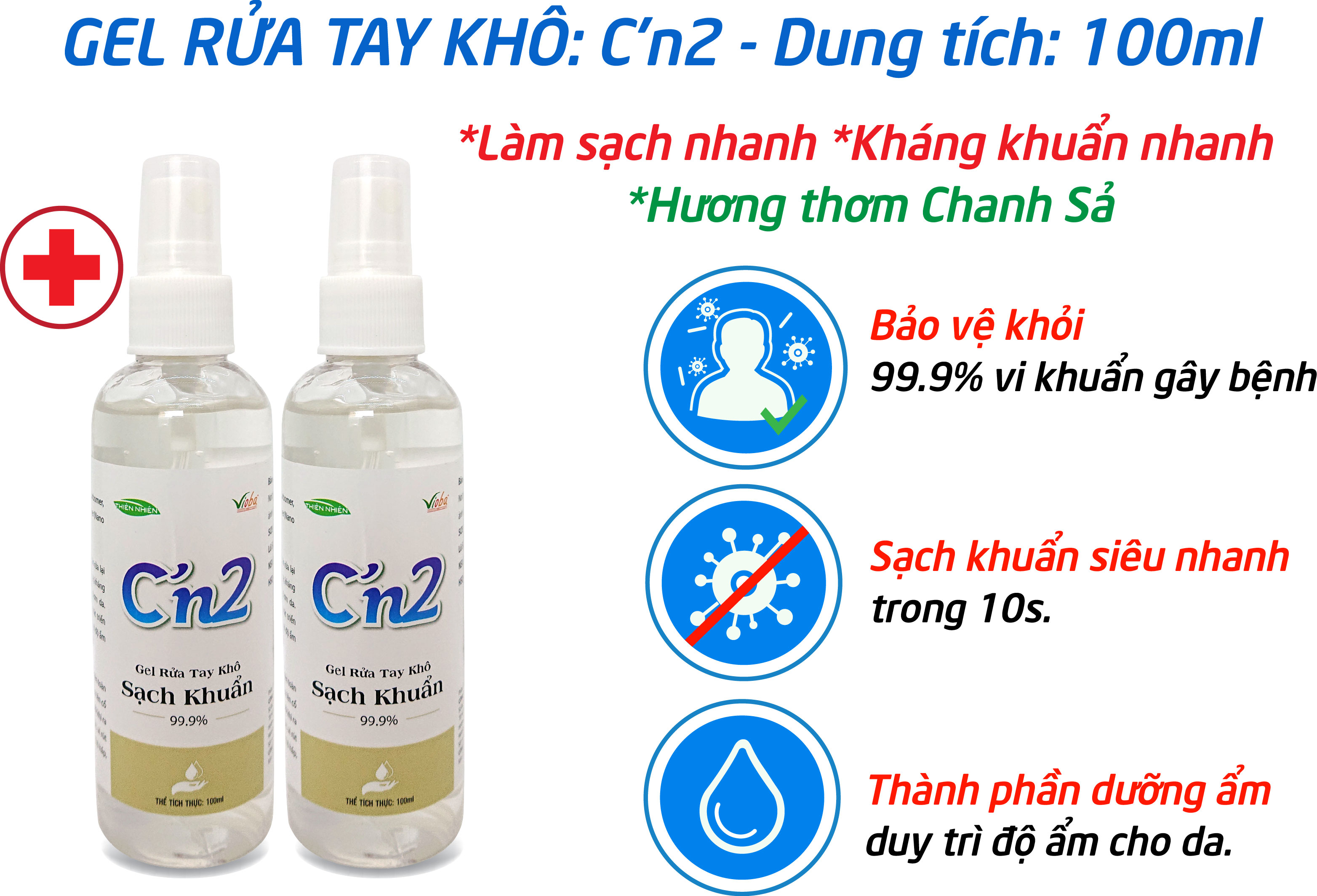 Gel rửa tay khô Cn’2 100ml. Giúp làm sạch nhanh, diệt sạch nhanh 99.9% vi khuẩn,  phòng các bệnh lây nhiễm chéo. Bảo vệ sức khỏe gia đình bạn.