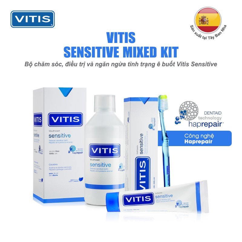 Bộ sản phẩm chăm sóc răng ê buốt Vitis Sensitive (Nước súc miệng 500ml, kem đánh răng 100ml và bàn chải)
