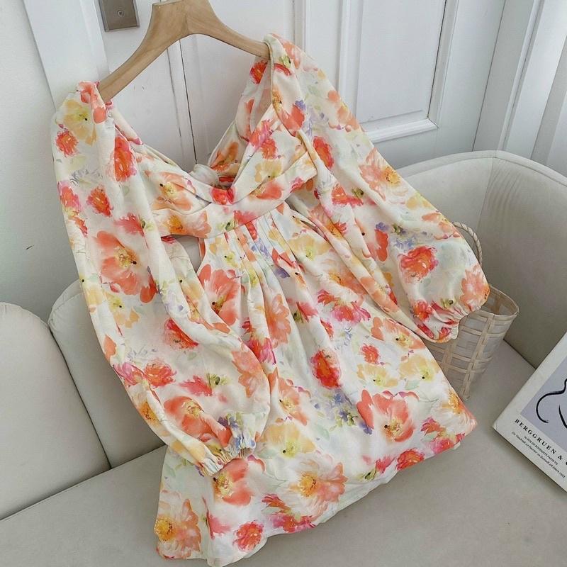 Đầm Hoa Nơ Lưng Tay Phồng Xếp Ly Thân