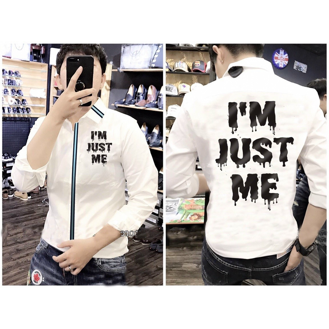 Áo sơ mi nam tay dài viền giữa họa tiết chữ I'M JUST ME