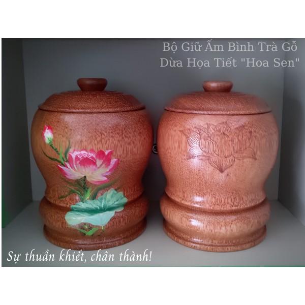 Bộ Bình Trà Gỗ Dừa Có Chân Sang Trọng Hoa Văn "Hoa Sen" - Bình Trà 700 - 1200ml
