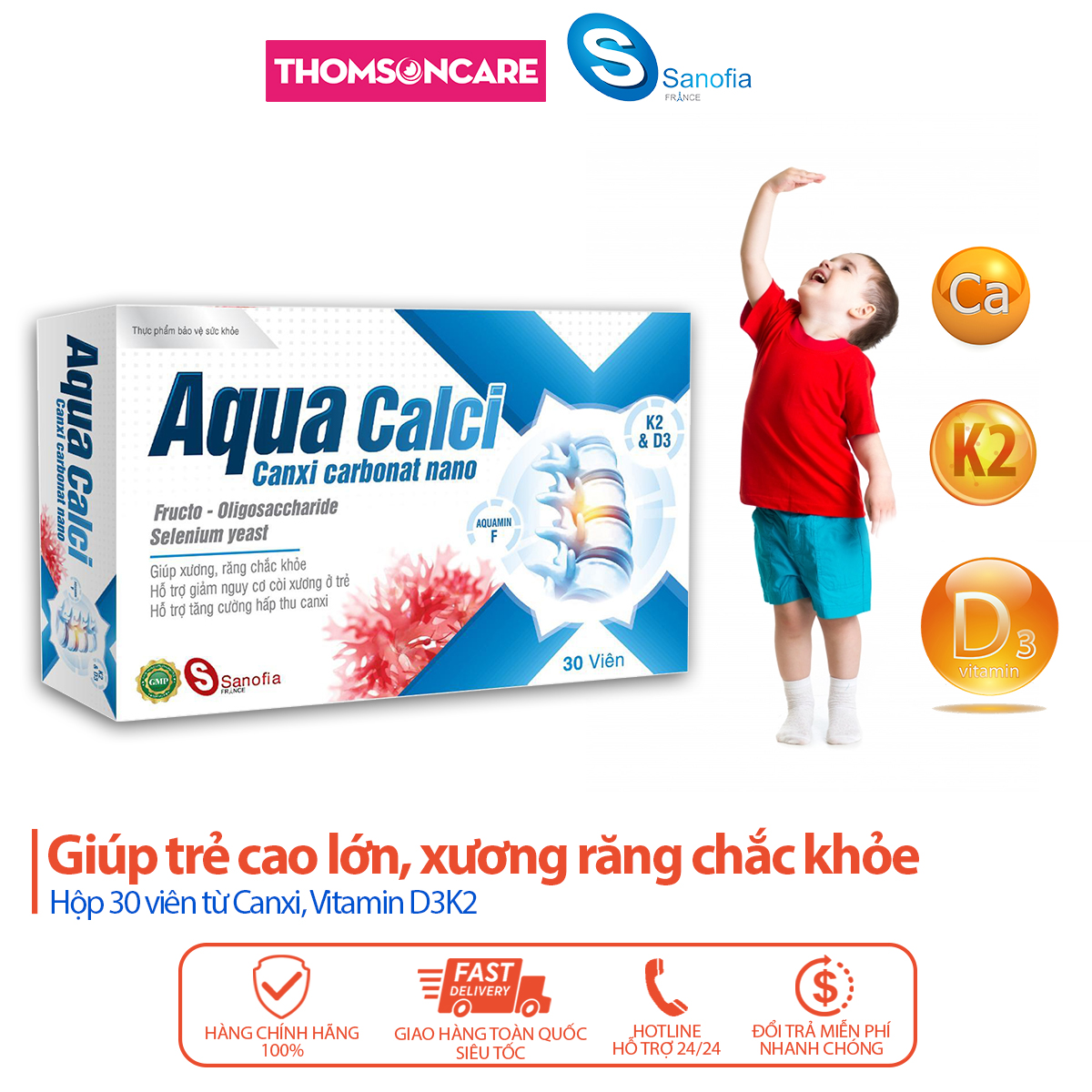 Canxi cho bé Aqua Calci Sanofia - Giúp bé phát triển chiều cao, giảm loãng xương ở người lớn từ Vitamin D3 K2 - Hộp 30 viên dạng vỉ