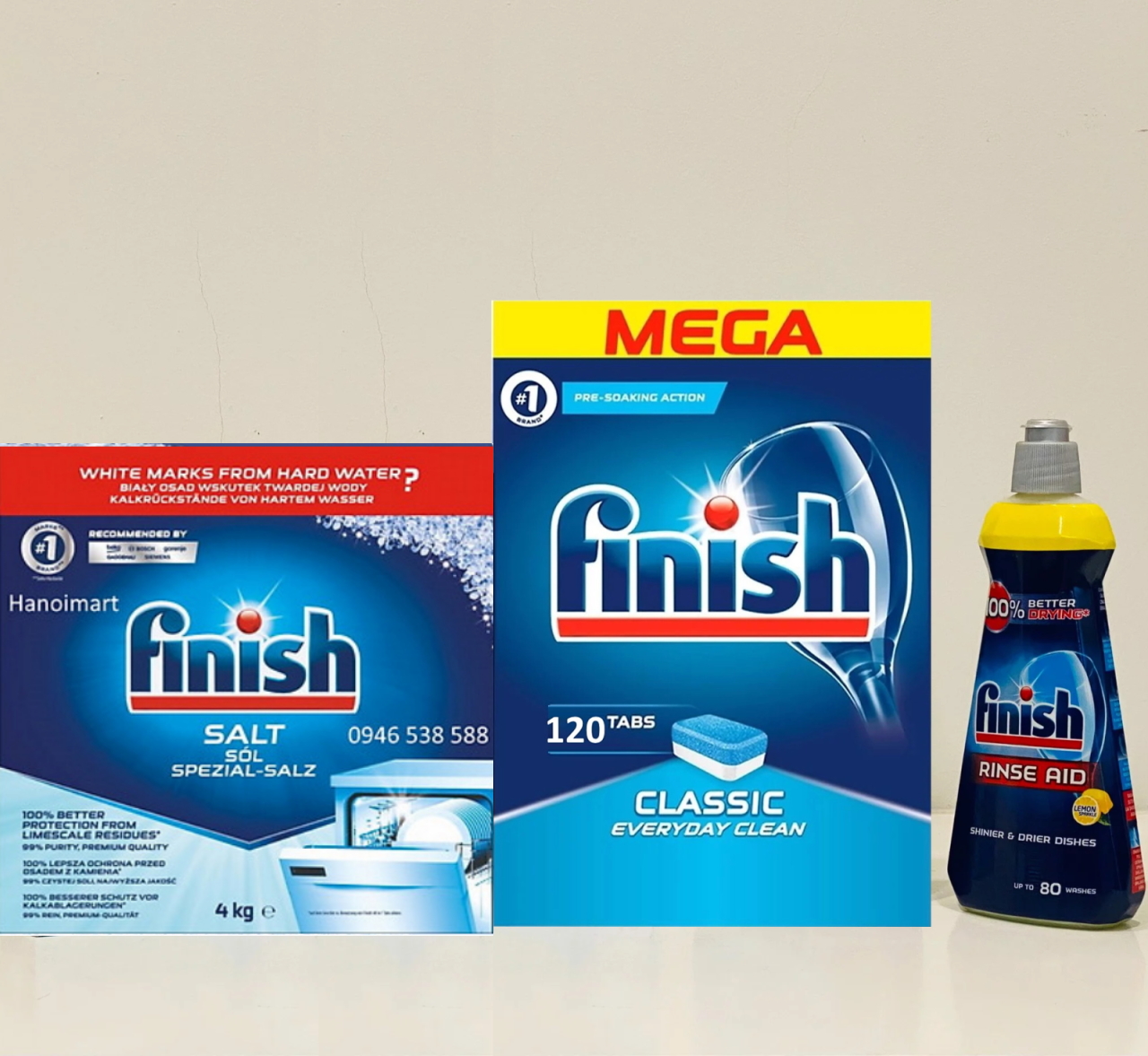 Combo Viên rửa bát Finish Classic 120 viên + Muối Finish 4kg + Nước làm bóng Finish 400ml hương chanh