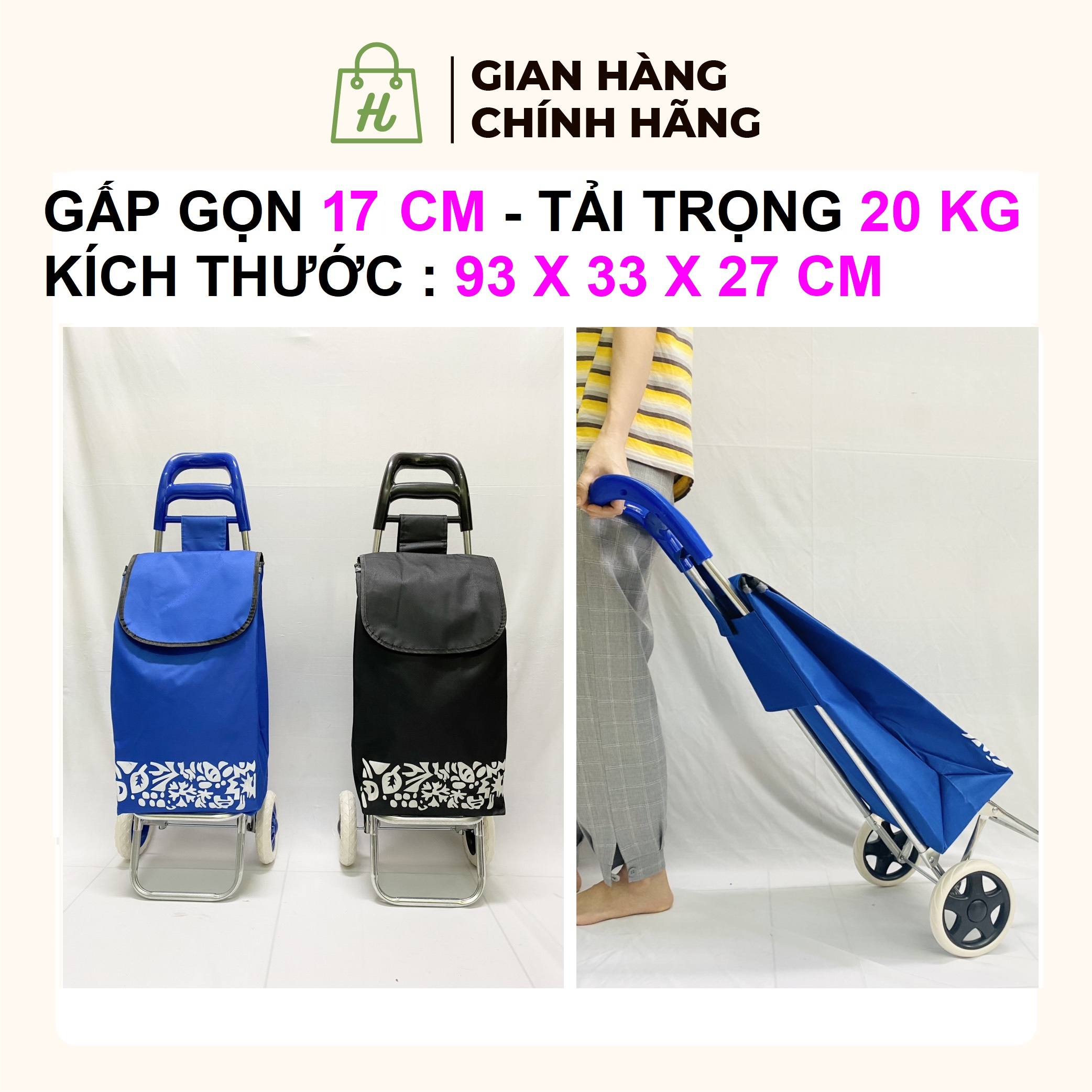 Xe kéo đi chợ gấp gọn Giỏ vải chống thấm siêu nhẹ tiện lợi có thế tháo rời Xe cao 93cm