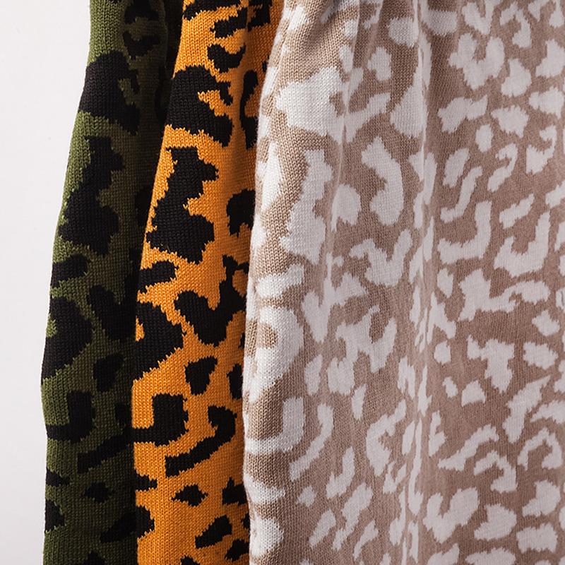 Fashion Women Knitted Mini Skirt Leopard Elastic High Waist Slit Front Slim Autumn Winter Casual Short Skirt