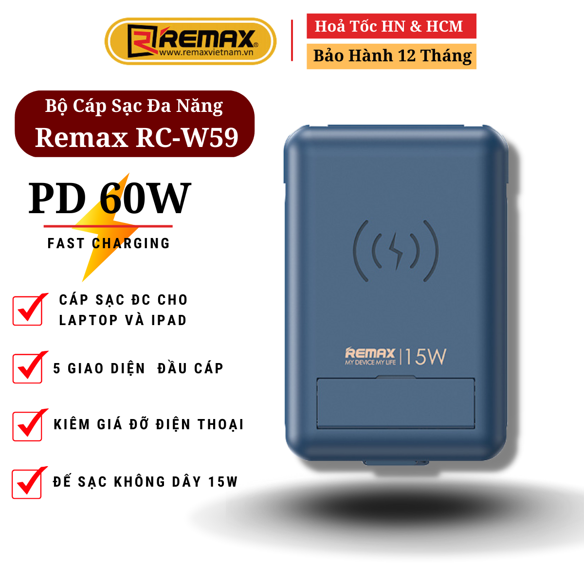 Bộ Sạc Nhanh Không Dây 15W Đa Năng Remax RP-W59 - Hộp có 4 đầu Cáp khác nhau - Phù hợp với tất cả các dòng điện thoại - Hàng Chính Hãng Bảo Hành 12 Tháng Lỗi 1 Đổi 1