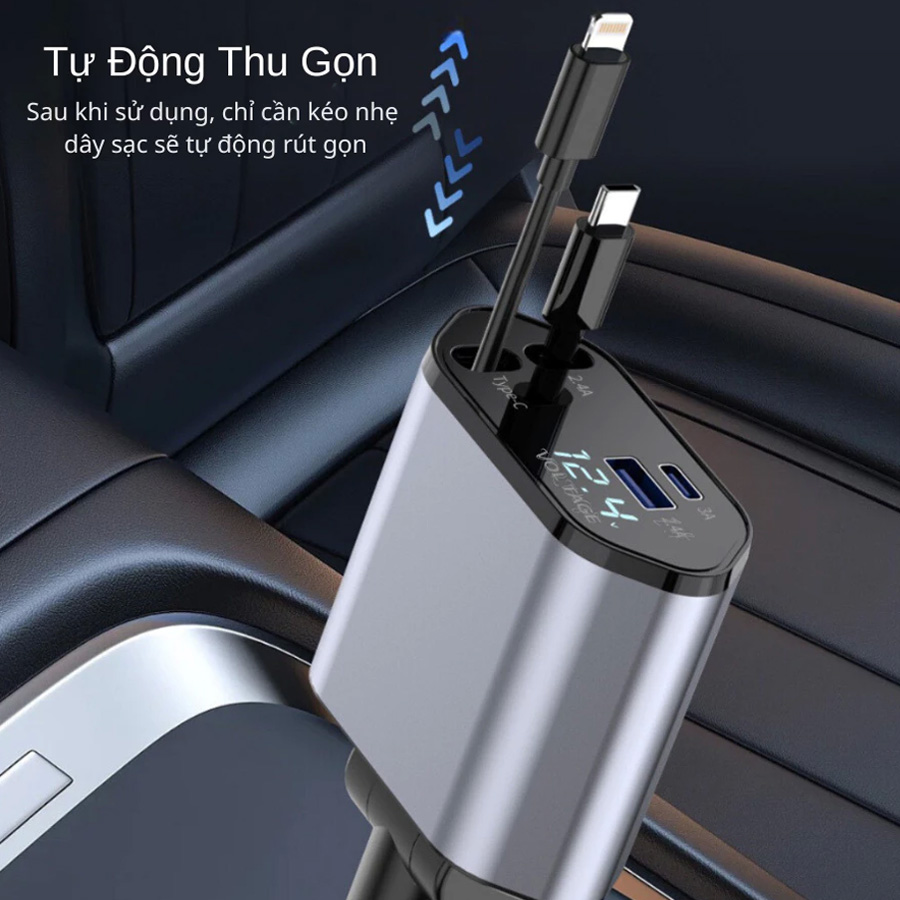 Tẩu Sạc Nhanh C1 Dây Rút Tự Động 4 in 1 USB Type-C Và Lightning Đa Năng Vỏ Hợp Kim Cao Cấp - Nhập Khẩu Chính Hãng