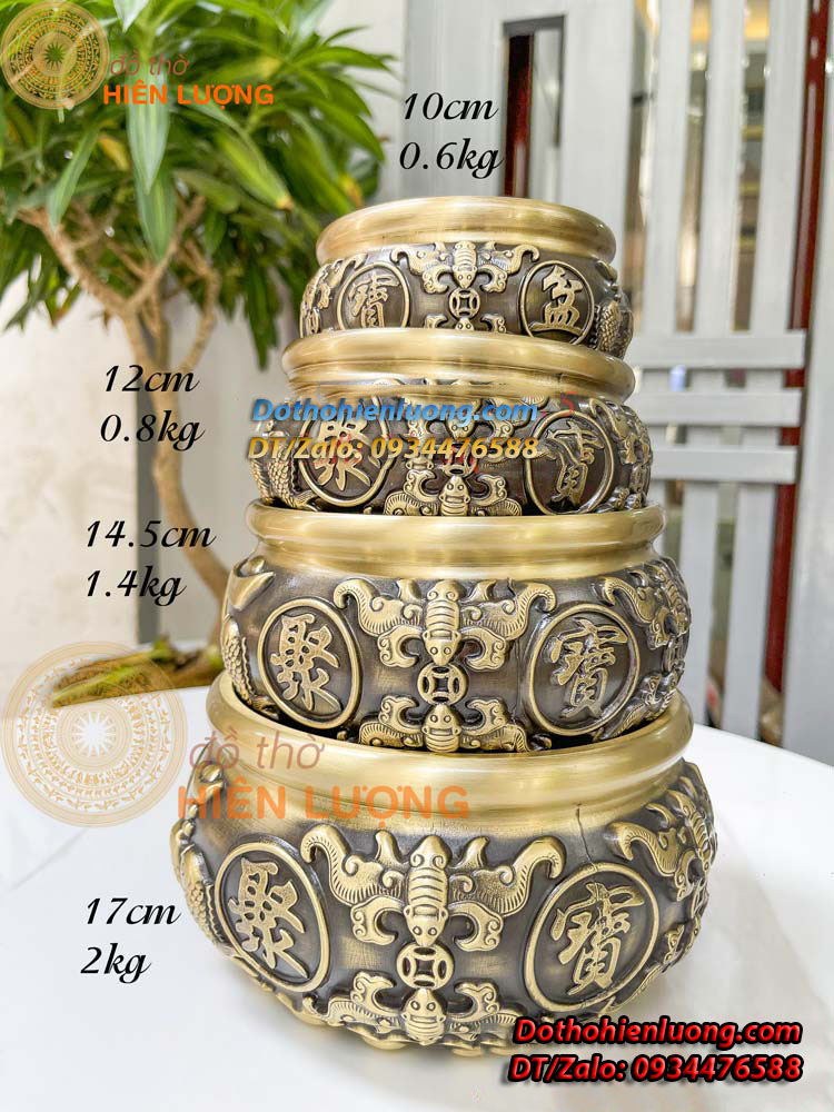 Bát Tụ Bảo Cá Chép Và Dơi Ngậm Tiền Bằng Đồng Màu Nâu Vàng Bằng Đồng Các Cỡ - Đồ Thờ Hiên Lượng