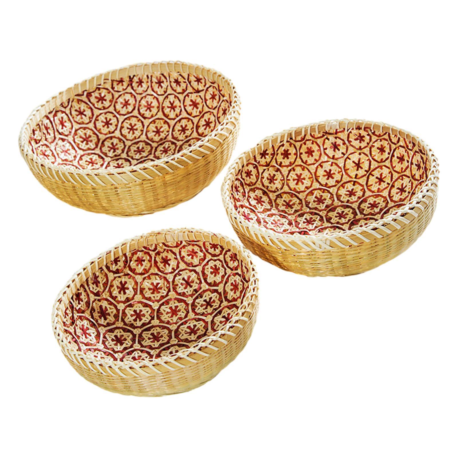 3x Bamboo Woven Basket Food Storage Tray Bread Basket Rattan Storage Basket