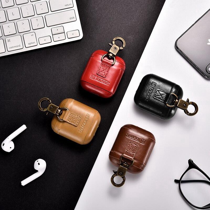 Vỏ bọc bảo vệ hộp sạc tai nghe không dây ICARER da thật có móc treo thích hợp cho Apple Airpods 1/ 2