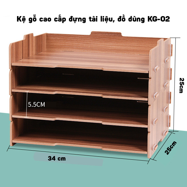 Kệ gỗ để bàn 4 tầng đựng tài liệu sách vở đồ dùng Homebi HB-KG02 (Vàng Gỗ)