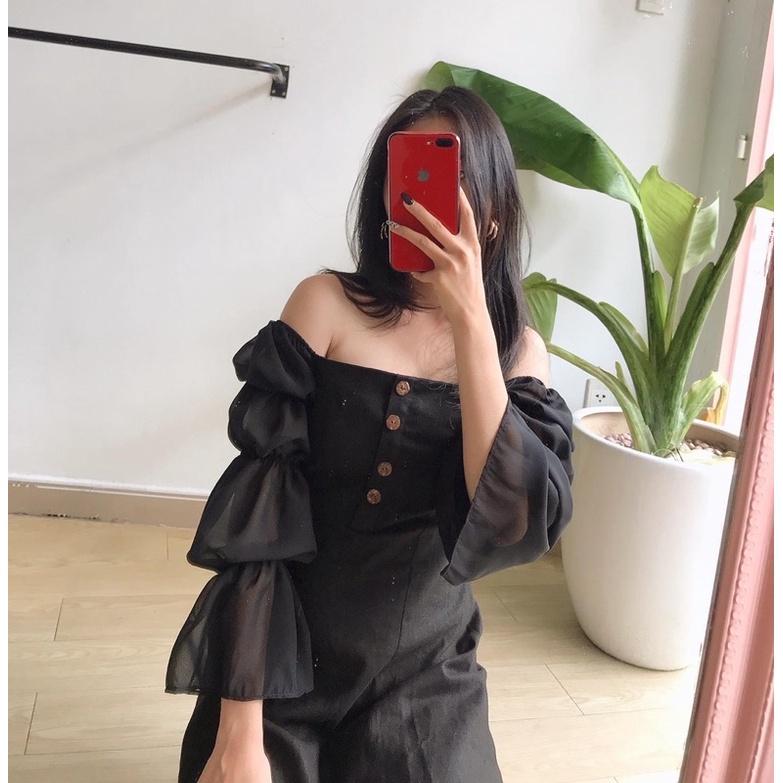 Đầm tay nhún linen