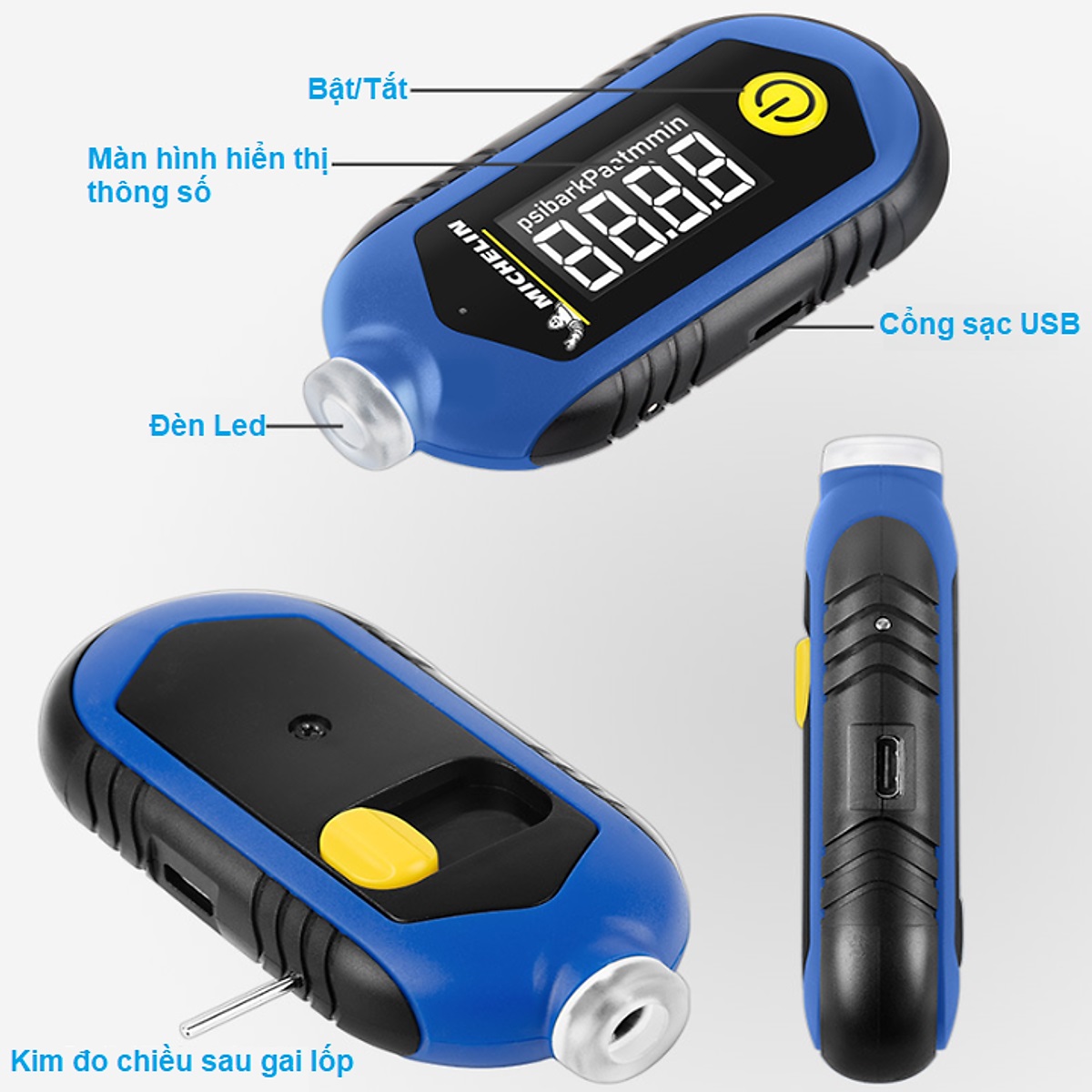 Thiết bị đo áp suất lốp và đo độ mòn gai lốp xe Michelin M2210 - Sạc USB, có đèn led, nhỏ gọn