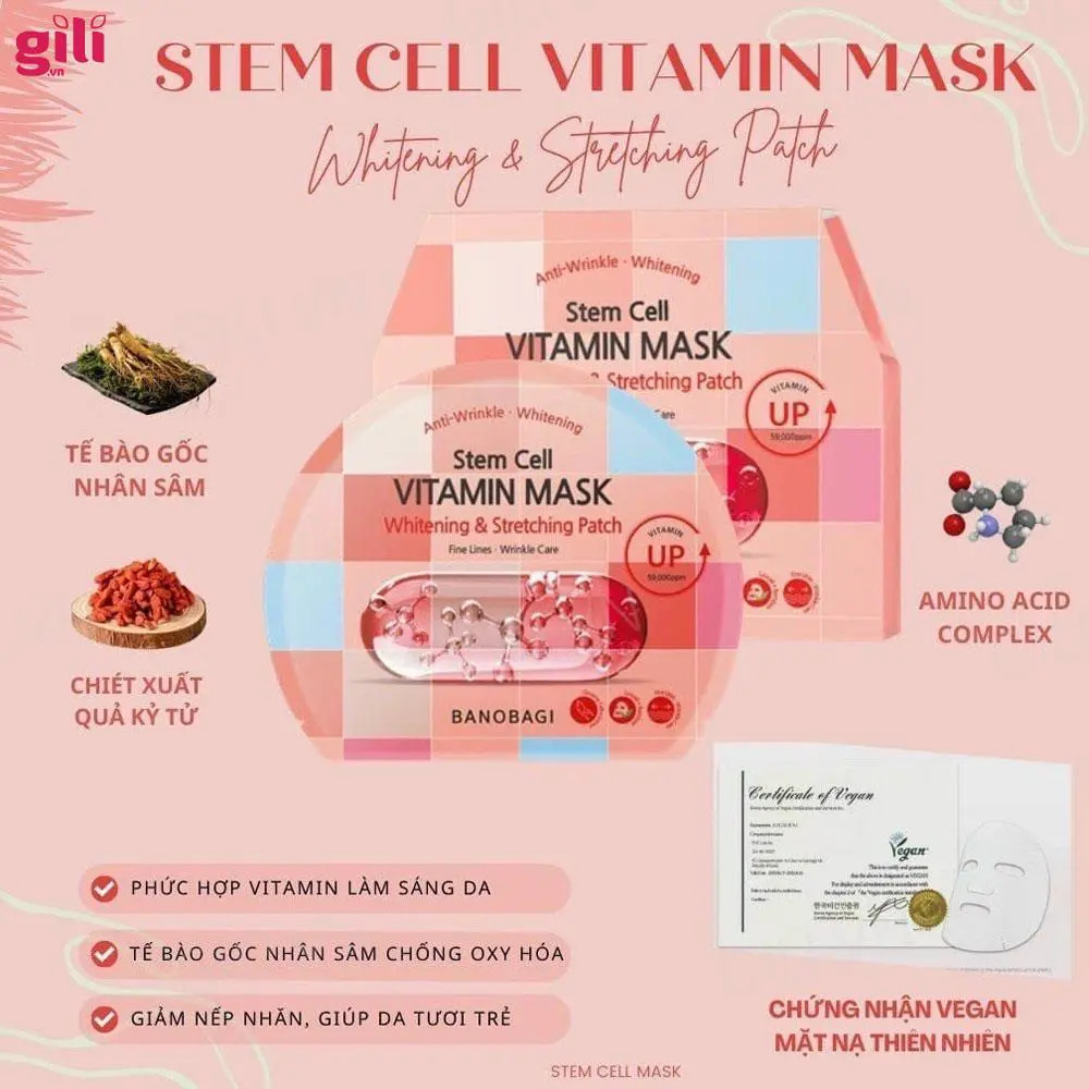 combo 5 miếng mặt nạ mặt nạ banobagi Stem Cell Vitamin Mask Whitening & Stretching Patch 30gx1-hồng đậm