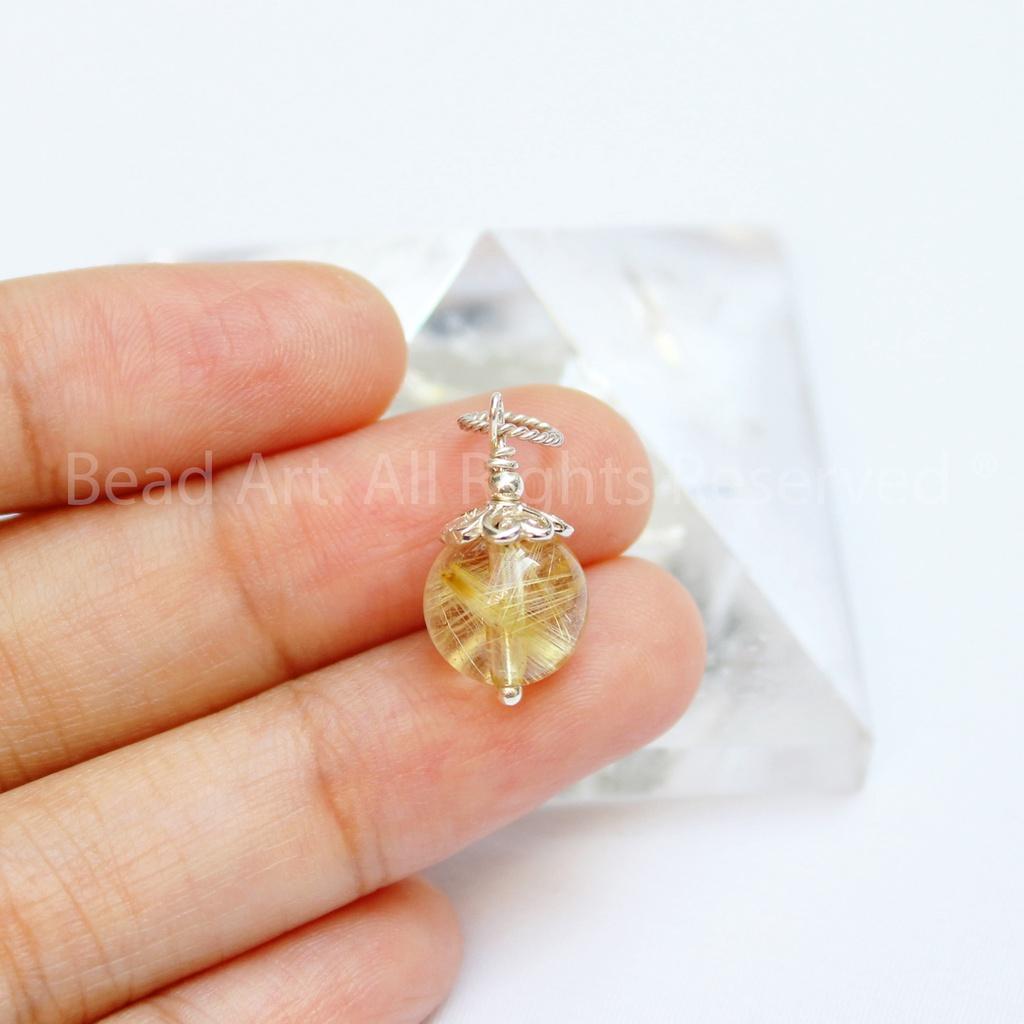 Mặt Dây Chuyền Thạch Anh Tóc Vàng Tự Nhiên 9mm Loại A, Trang Sức Đá Phong Thuỷ, Mệnh Thổ, Kim - Bead Art