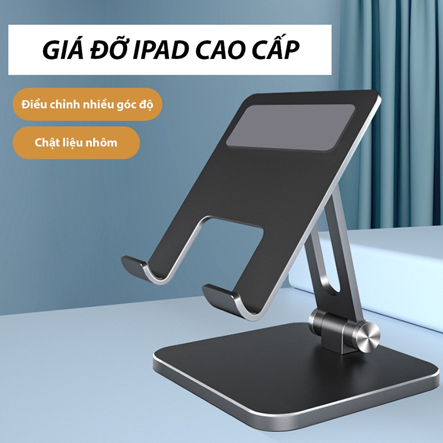 Giá Đỡ Để Bàn Khung Hợp Kim Nhôm Cao Cấp Cho iPad, Máy Tính Bảng, Điện Thoại Di Động - Hai Trục Xoay 180 Độ Linh Hoạt, Đệm Chống Trượt Điện Thoại, Chống Đổ