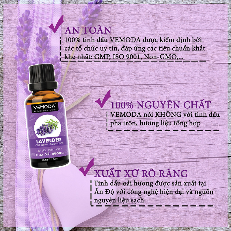 Tinh dầu Oải hương cao cấp. Lavender Essential Oil. Tinh dầu xông phòng giúp thư giãn, giảm căng thẳng, khử mùi, nâng cao chất lượng giấc ngủ. Tinh dầu thơm phòng cao cấp Vemoda