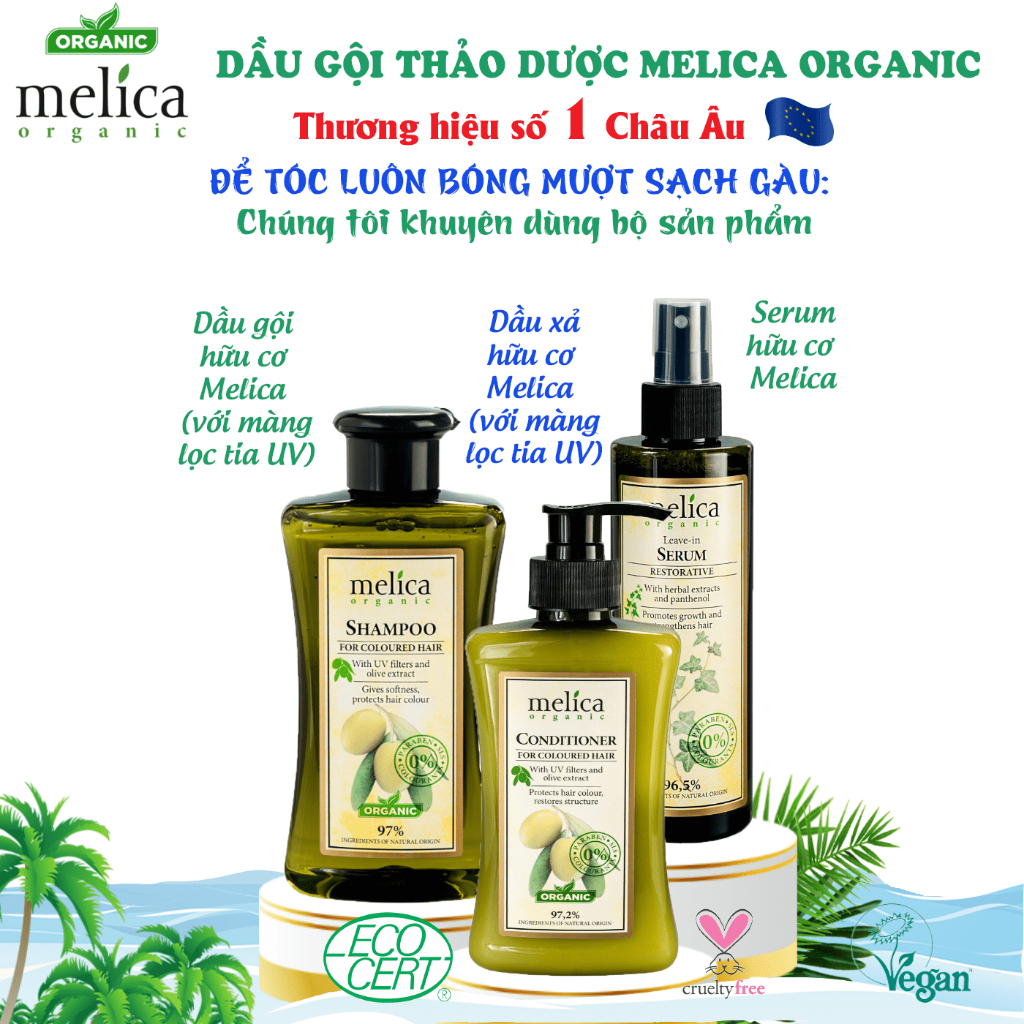 Bộ chăm sóc tóc thảo dược hữu cơ cho tóc nhuộm xơ rối Melica Organic dầu gội xả Olive &amp; màng lọc UV và serum dưỡng tóc