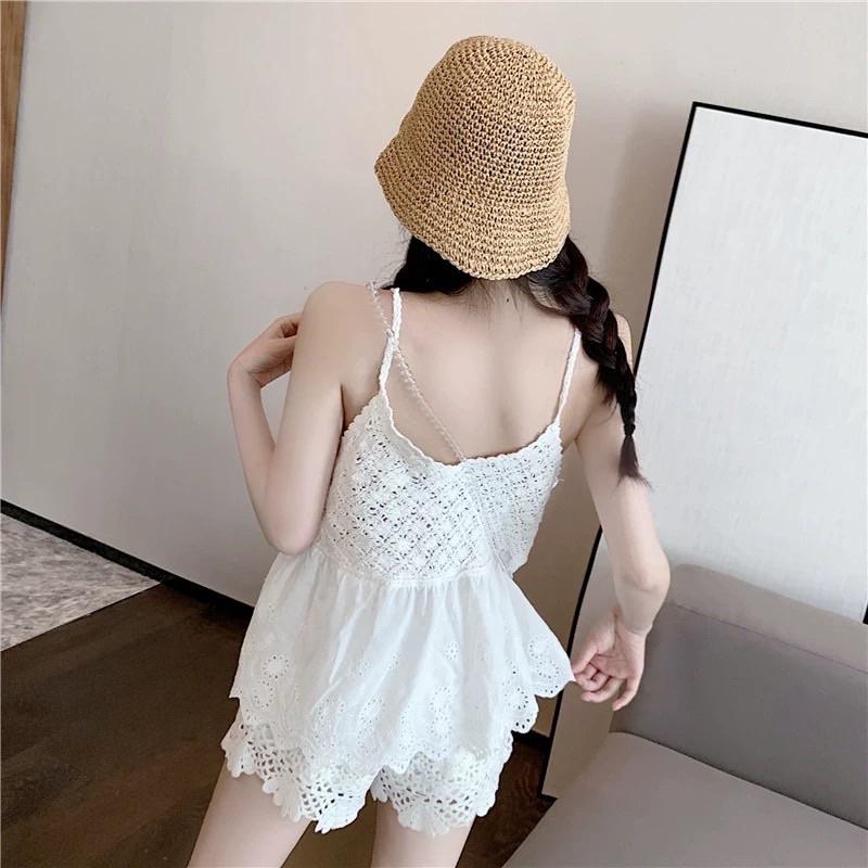 Set bộ đi chơi len móc gồm áo 2 dây babydoll và quần sóc