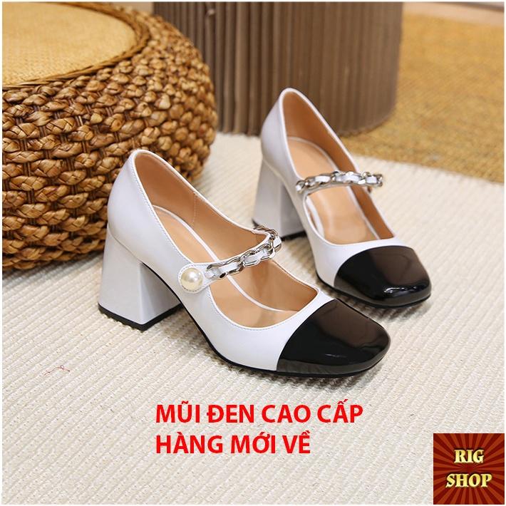 GIÀY CAO GÓT 6P MŨI TRÒN MÀU ĐEN KEM QUAI NGANG PHỐI XÍCH VÀ NGỌC CỰC CUTE D12