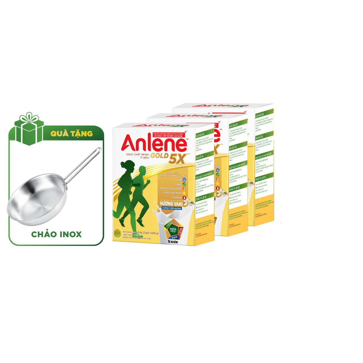 Combo 3 Sữa Bột Anlene Gold 5X Hương Vanilla (Hộp giấy 1200g) - Tặng chảo inox