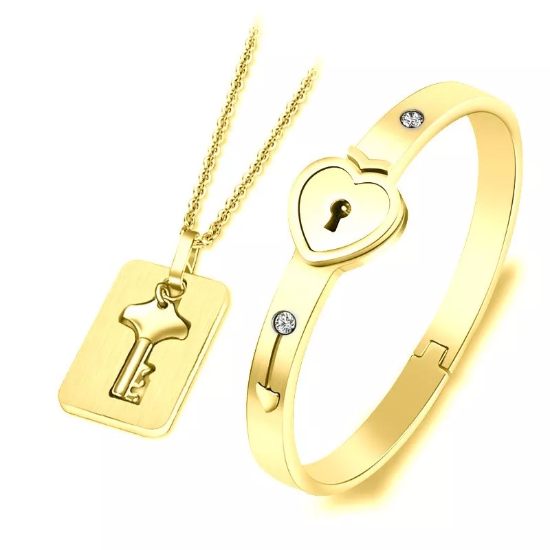 Set vòng đôi chìa khóa trái tim thép titan không rỉ