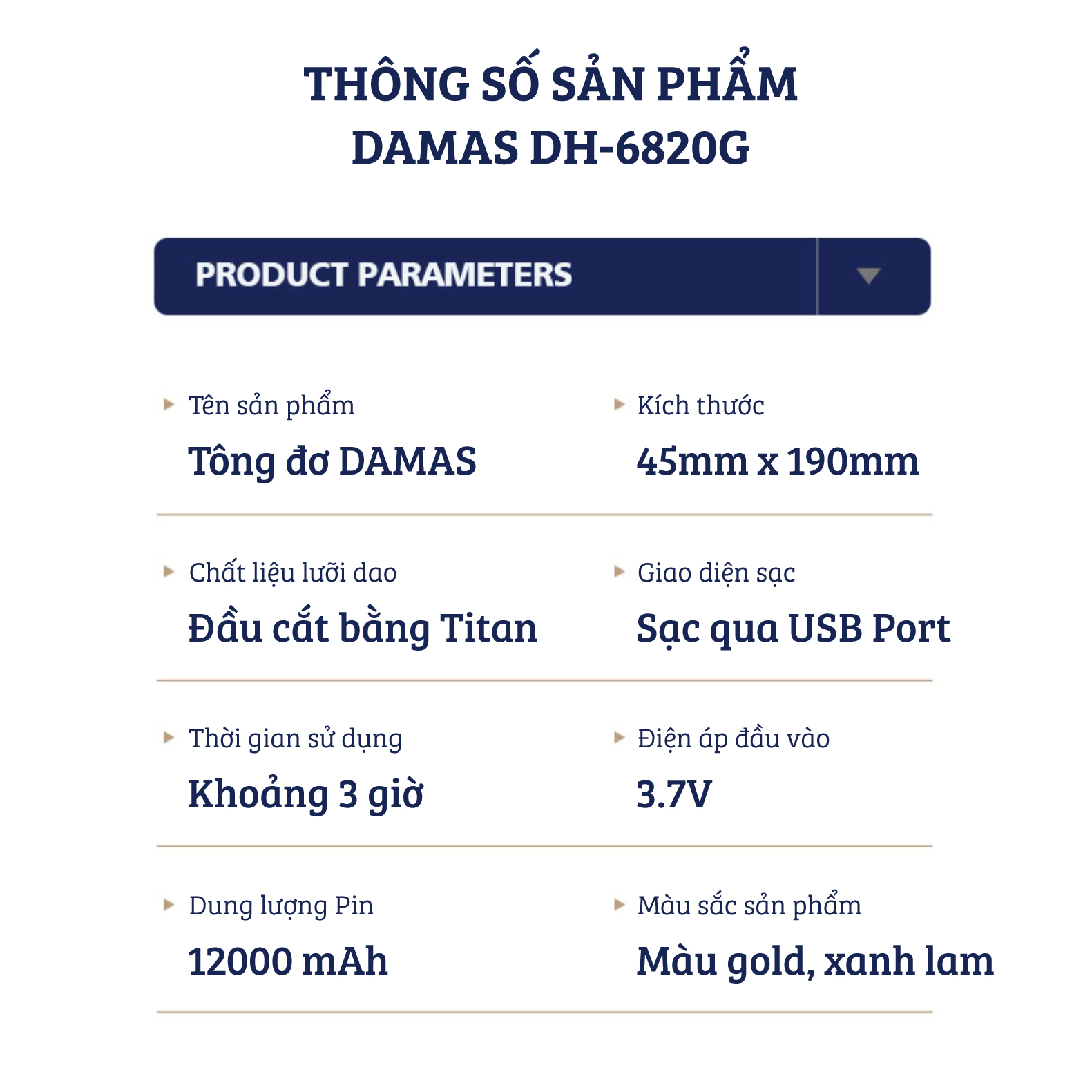 Tông Đơ Cắt Tóc Chuyên Nghiệp Không Dây DAMAS DH6820G - Hàng Chính Hãng