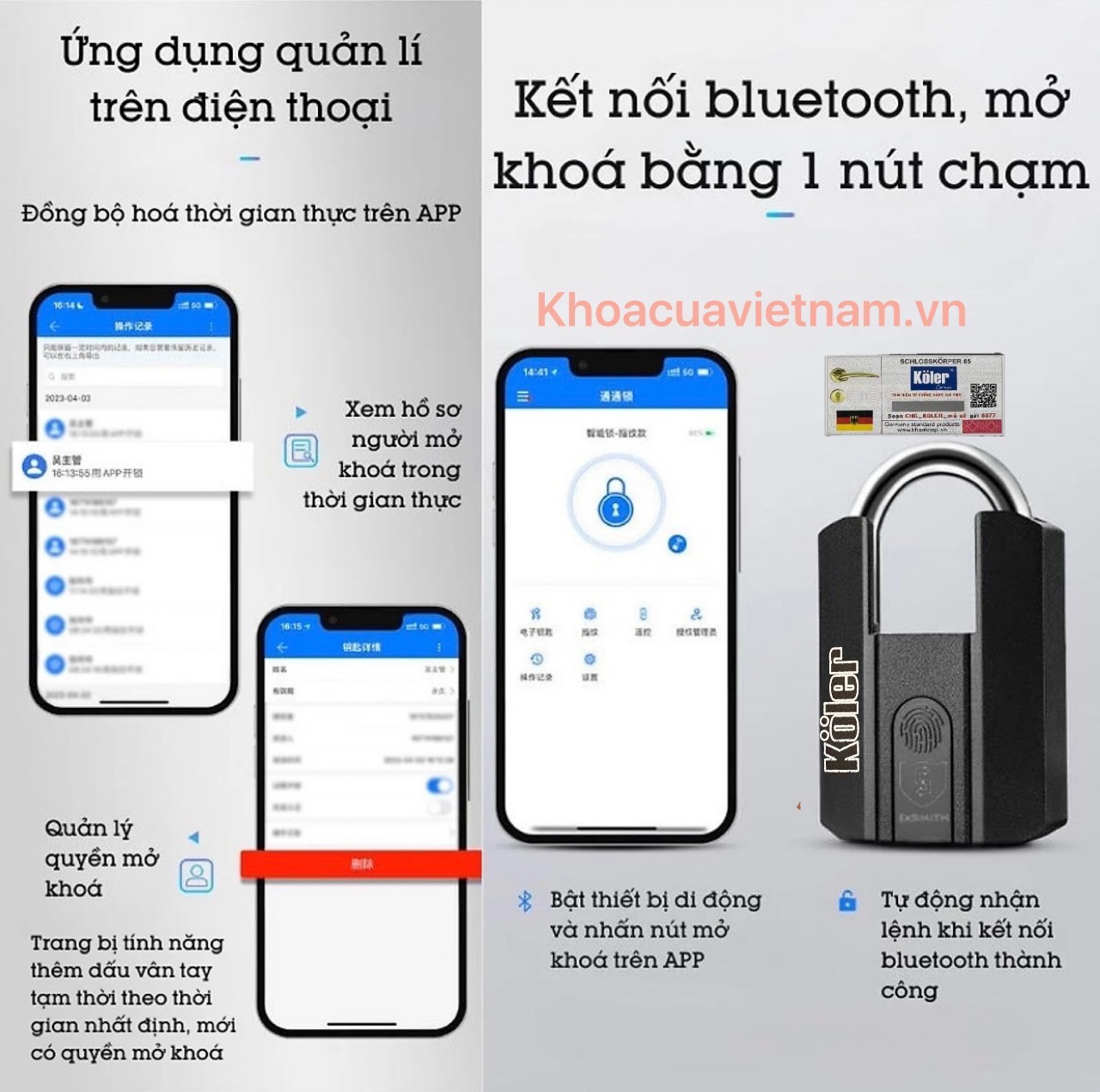 Khóa Bấm Vân Tay KOLER Chống Nước. Mở Khóa Bằng APP, Vân Tay và Chìa Cơ.