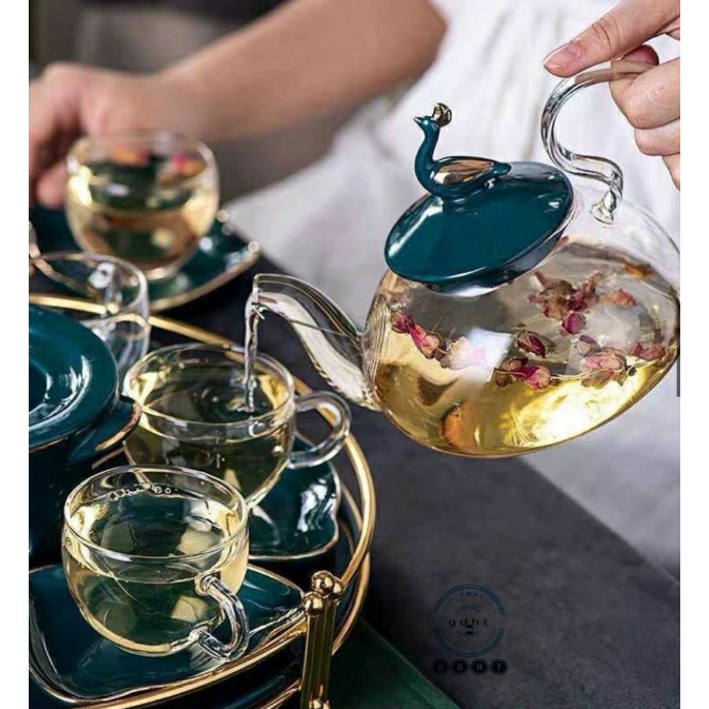 Bộ trà thủy tinh bếp nến cao , trắng men sứ xanh cao cấp