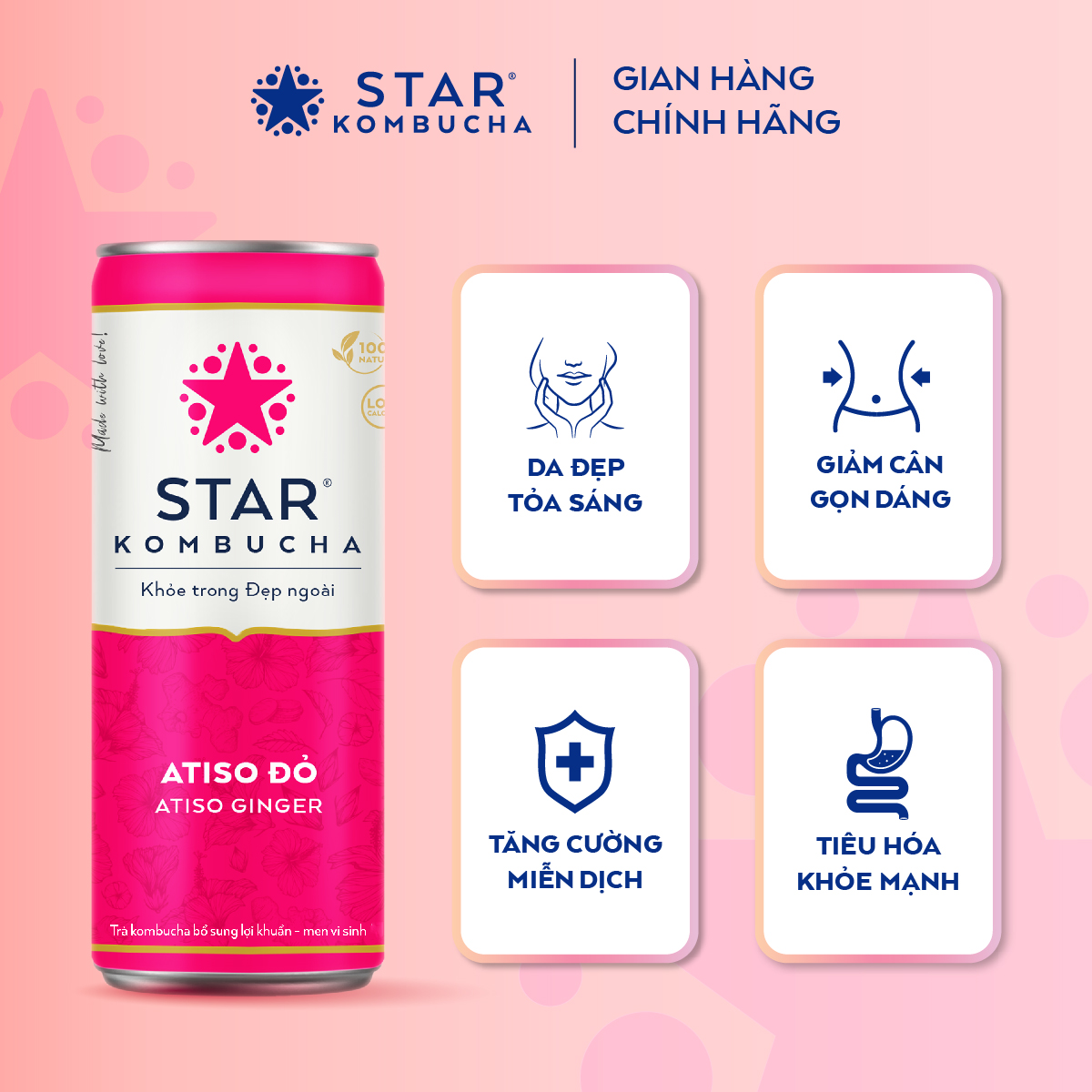 Thùng 12 lon thức uống lên men STAR KOMBUCHA Atiso đỏ / Atiso Ginger