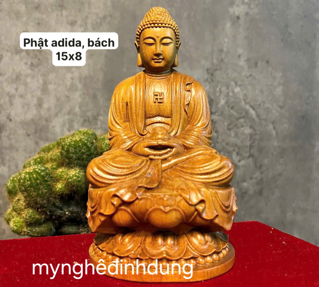 Tượng Phật adiđa bằng gỗ bách xanh thơm nức kt cao 15x8x8cm