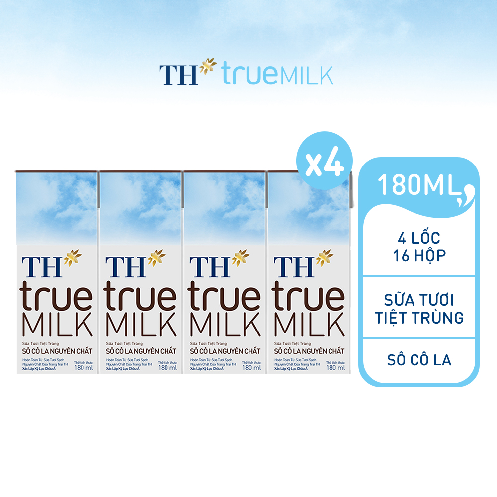 4 Lốc sữa tươi tiệt trùng sôcôla nguyên chất TH True Milk 180ml
