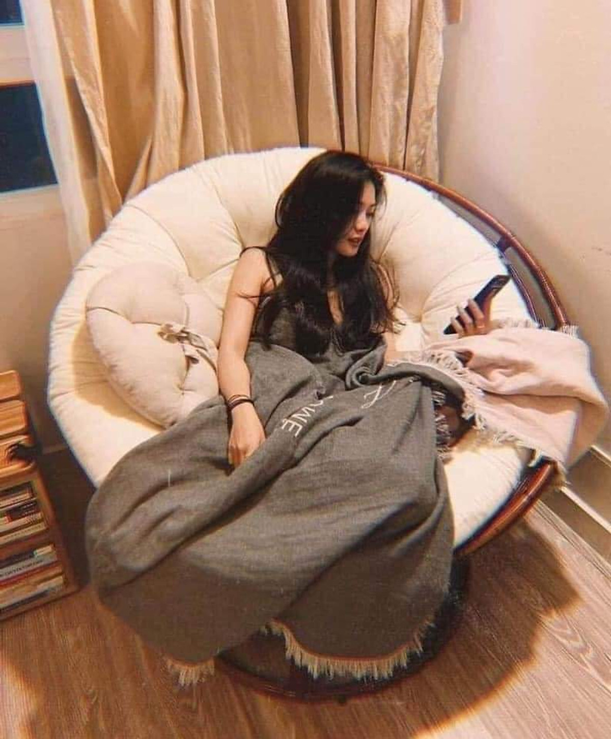 Ghế Papasan khung sắt sơn tĩnh điện, quấn nhựa giả mây, nệm nhung êm ái