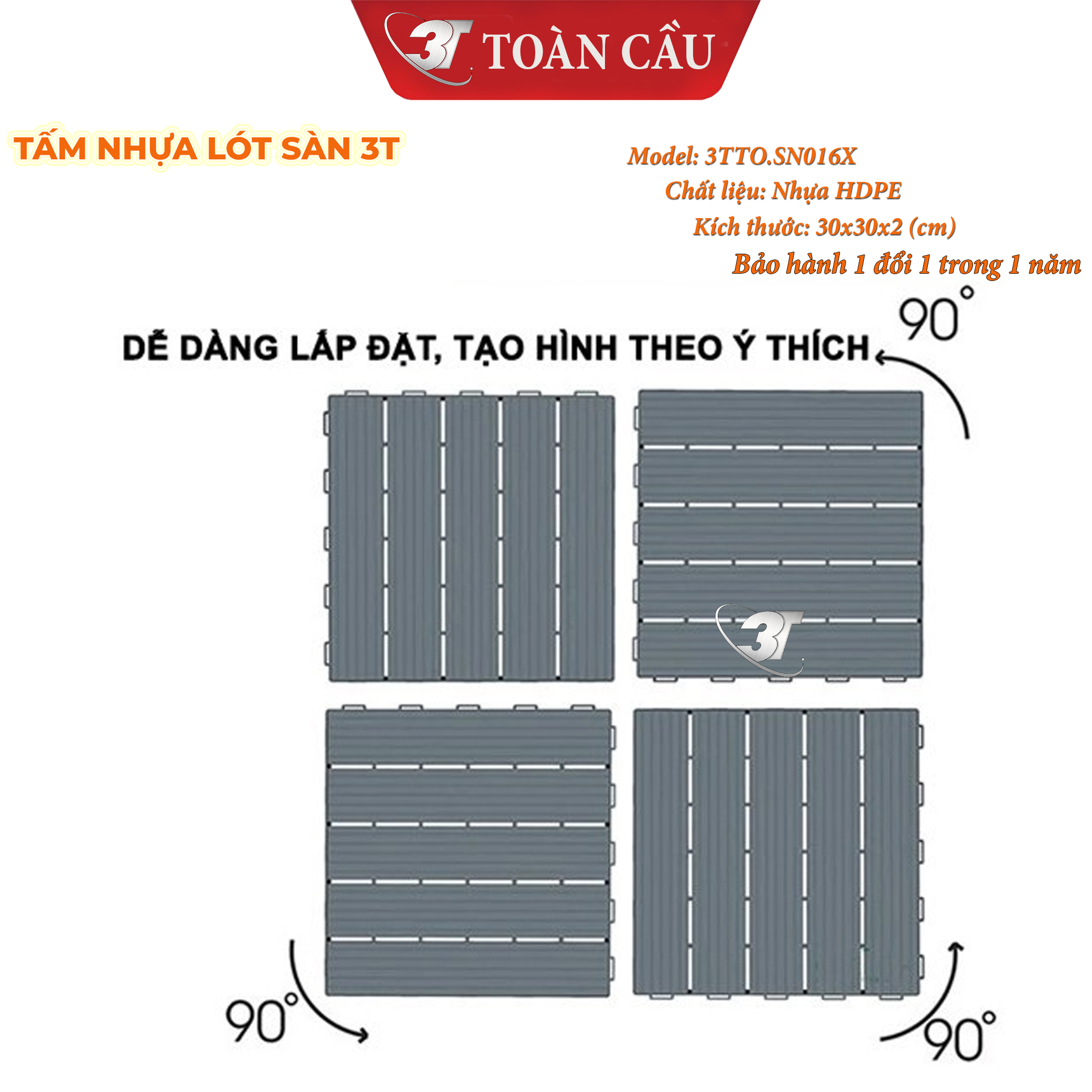 Tấm nhựa lót sàn ban công 3T-HDPE kích thước 30x30x2cm