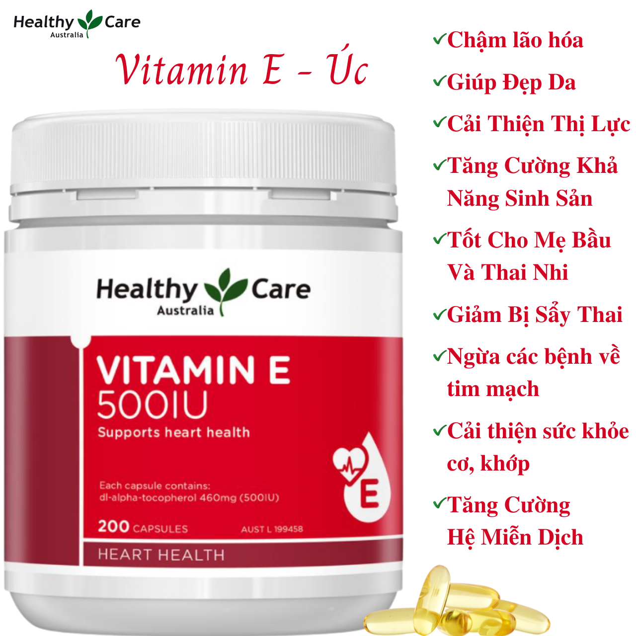 Vitamin E Úc Healthy Care 500IU Hỗ trợ hệ thống tim mạch khỏe mạnh, giúp làm đẹp da, mượt tóc và làm chậm quá trình lão hóa - Massel Official