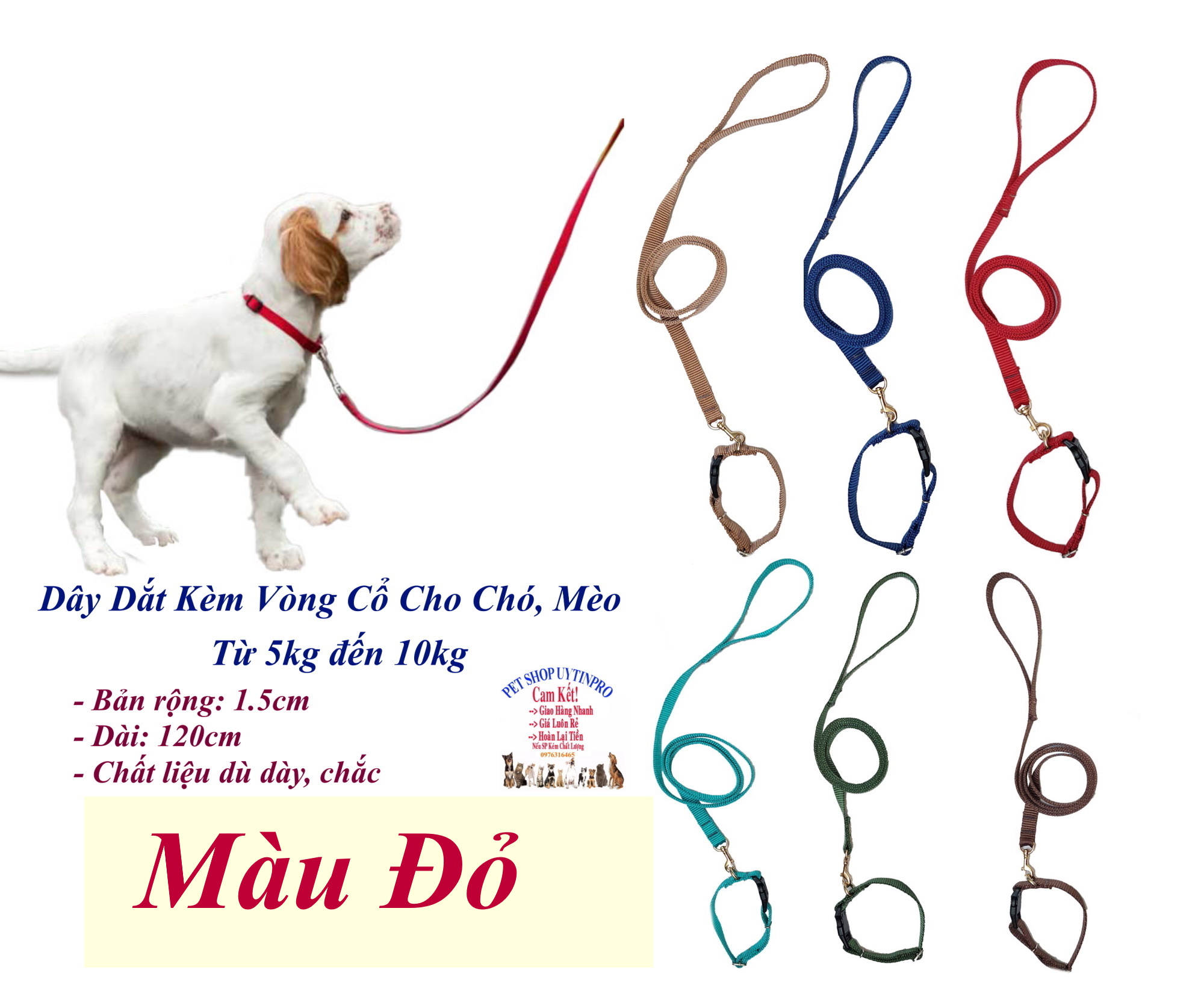 Dây dắt kèm vòng cổ cho Chó Mèo từ 5kg đến 10kg Bản rộng 1.5cm Không in hình Chất liệu dù dày, Bền, Chắc, Cao cấp