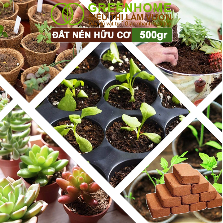 Đất Trồng Cây Greenhome, Viên Nén 500gr, Đã Qua Xử Lý, Bổ Sung Vi Sinh, Nở Gấp 5 Lần, Trồng Rau Hoa